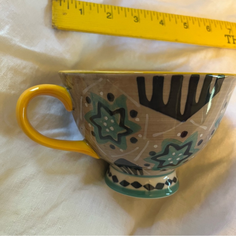 Hand-Painted Decorative Footed Ceramic Bowl - Yellow Handle, Teal Floral Design